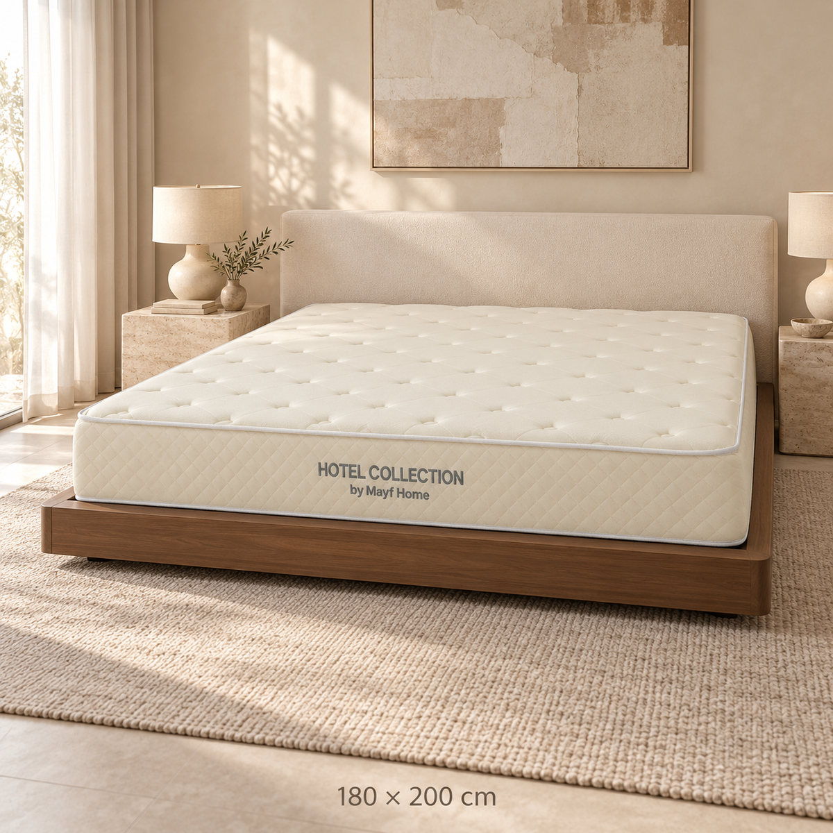A bed with a white tufted mattress in the Hotel Collection by Mayl Home, set on a wooden platform bed frame in a warm, modern bedroom with beige walls, bedside tables, lamps, and a textured rug.