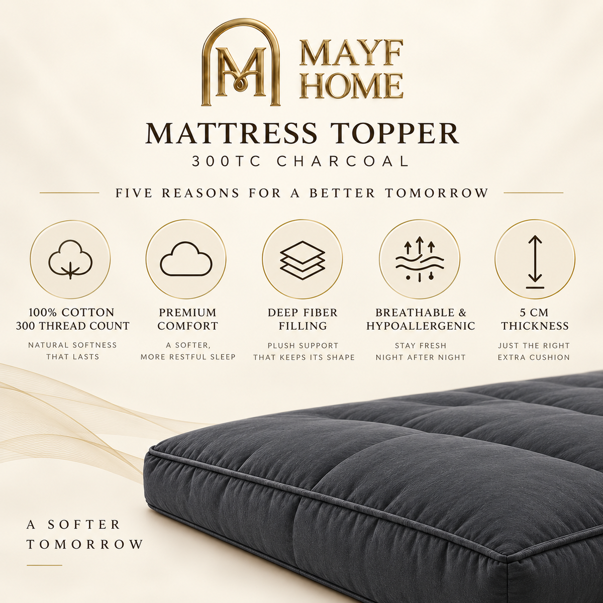 MAYF Home 300TC Mattress Topper – Charcoal