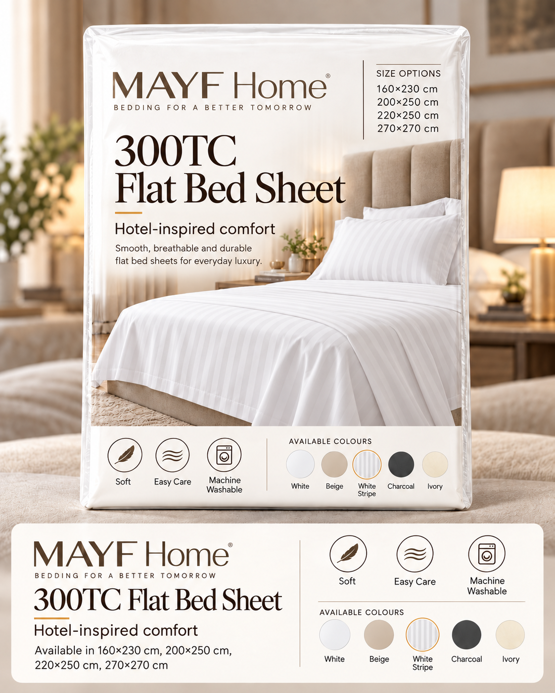 ملاءة سرير مسطحة MAYF Home بكثافة نسيج 300 – مخطط أبيض