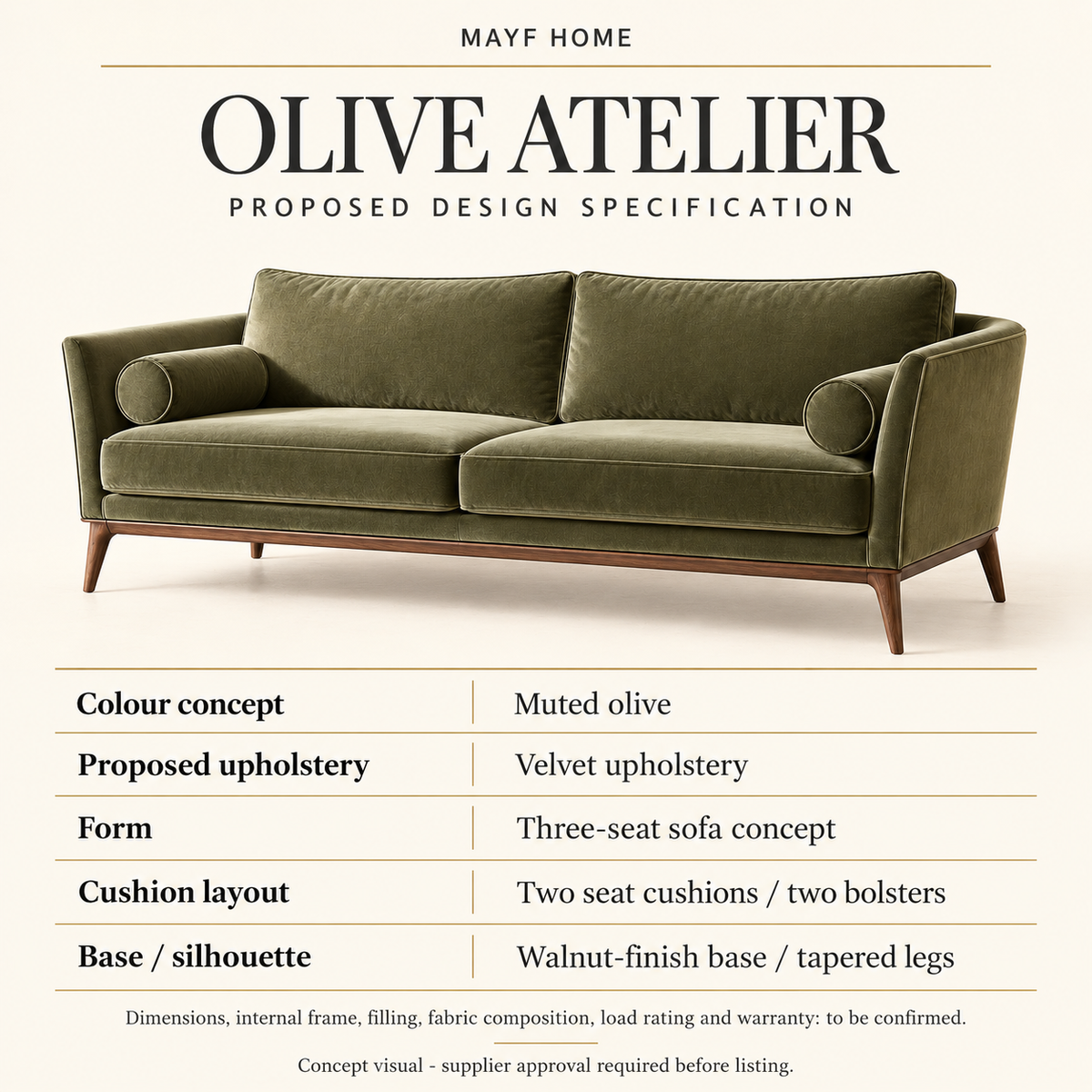 Olive Atelier Olive Velvet Three-Seat Sofa by MAYF Home