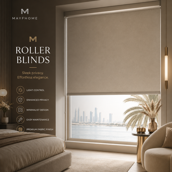 Roller Blinds by Mayf Home — custom-fit styled in a window
