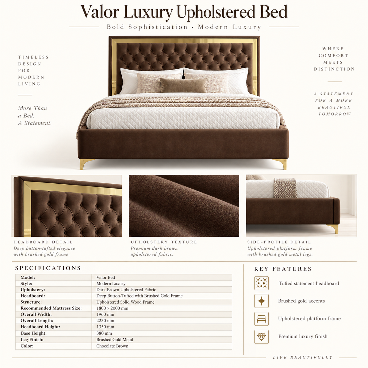 Valor Luxury Velvet Upholstered Bed with Gold Accents
