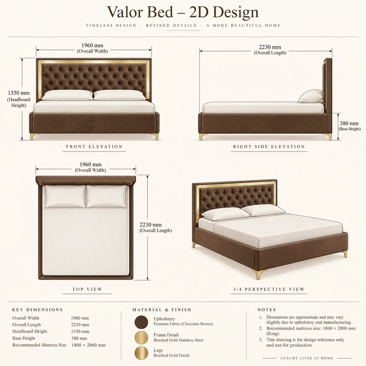 Valor Luxury Velvet Upholstered Bed with Gold Accents