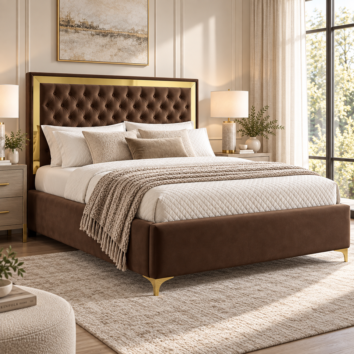 Valor Luxury Velvet Upholstered Bed with Gold Accents