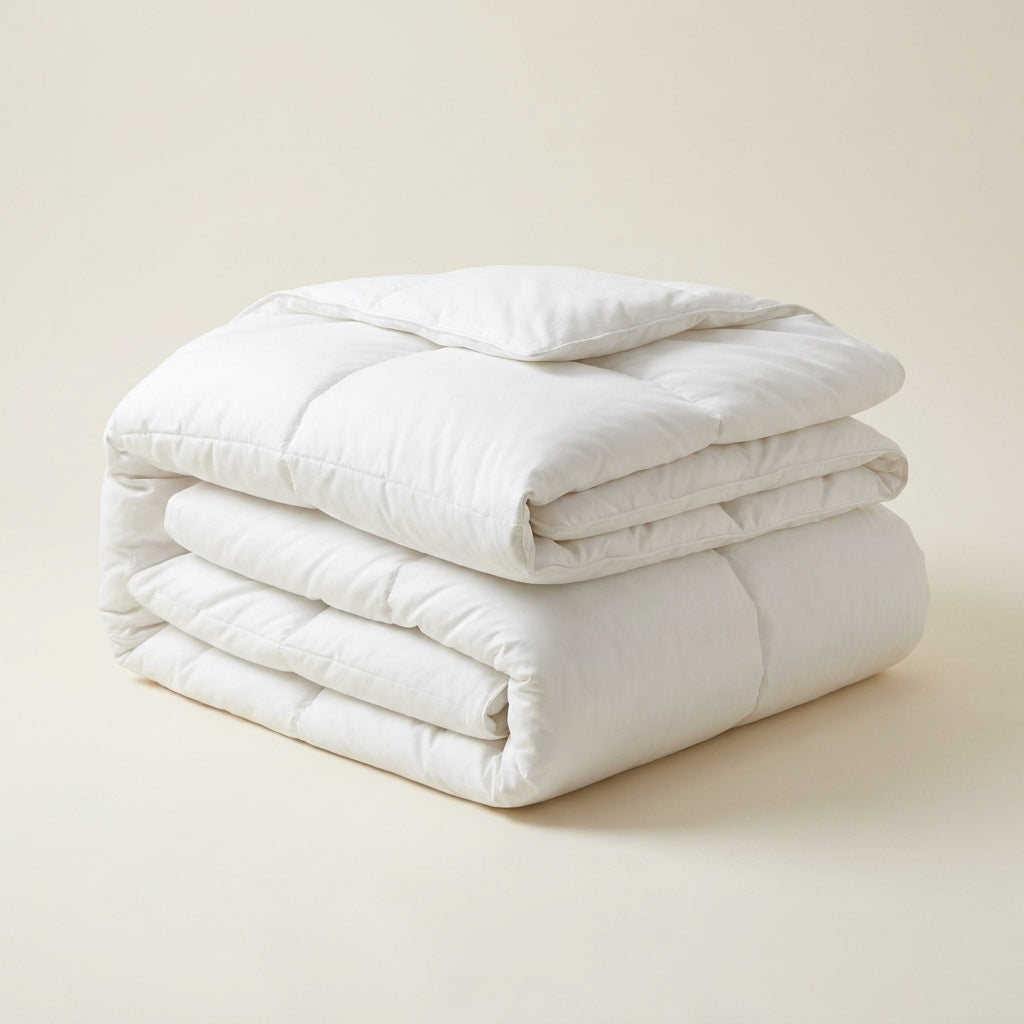 A neatly folded white quilted comforter with a matching pillowcase, displayed on a warm beige background.