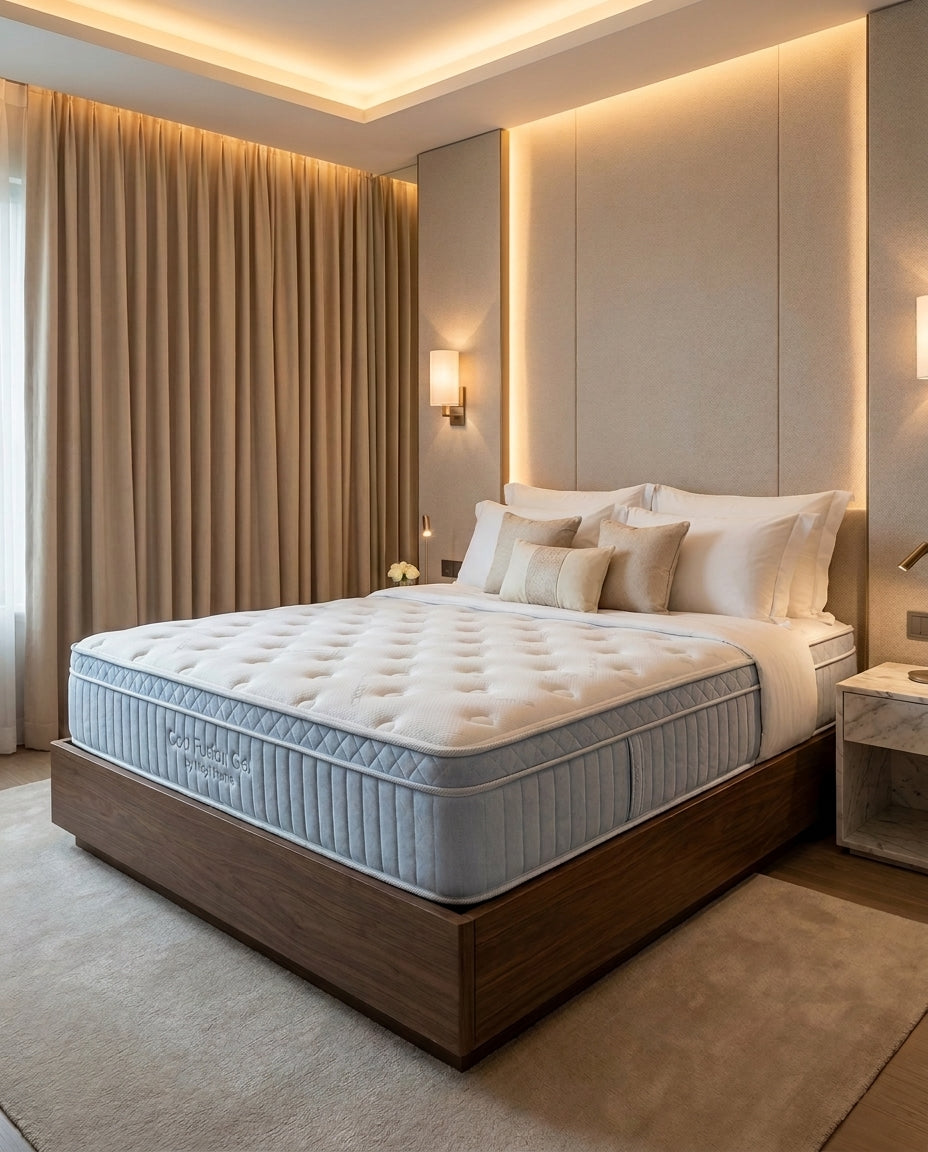 A luxury bed with a white tufted mattress and a dark wood platform frame, styled in a modern, warm-toned bedroom with beige curtains, wall panels, and ambient lighting.