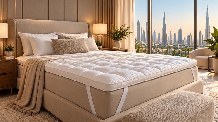 MAYF Home mattress topper on a luxury bed in a modern UAE bedroom