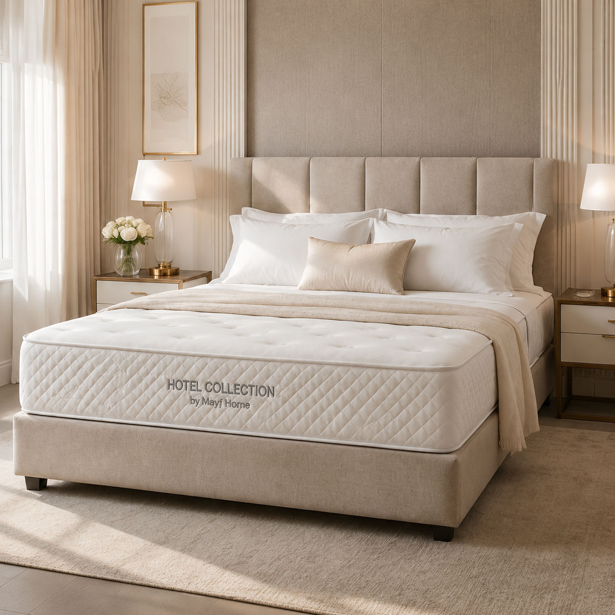 A luxury bed with a quilted white mattress from Hotel Collection by Navy Home, styled in a modern, elegant bedroom with beige headboard, bedside tables, and warm lighting.