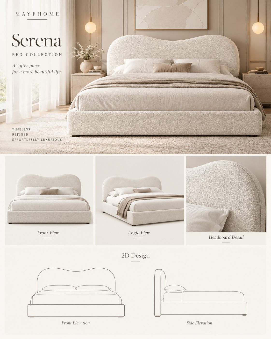 Serena Bouclé Upholstered Bed with Curved Headboard