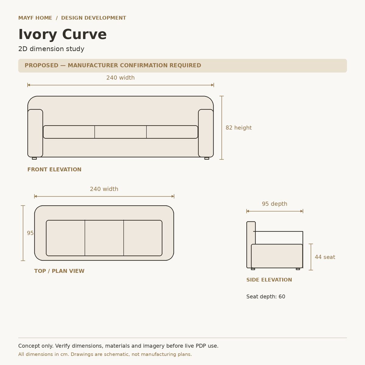 Ivory Curve Sofa with Rounded Arms by MAYF HOME