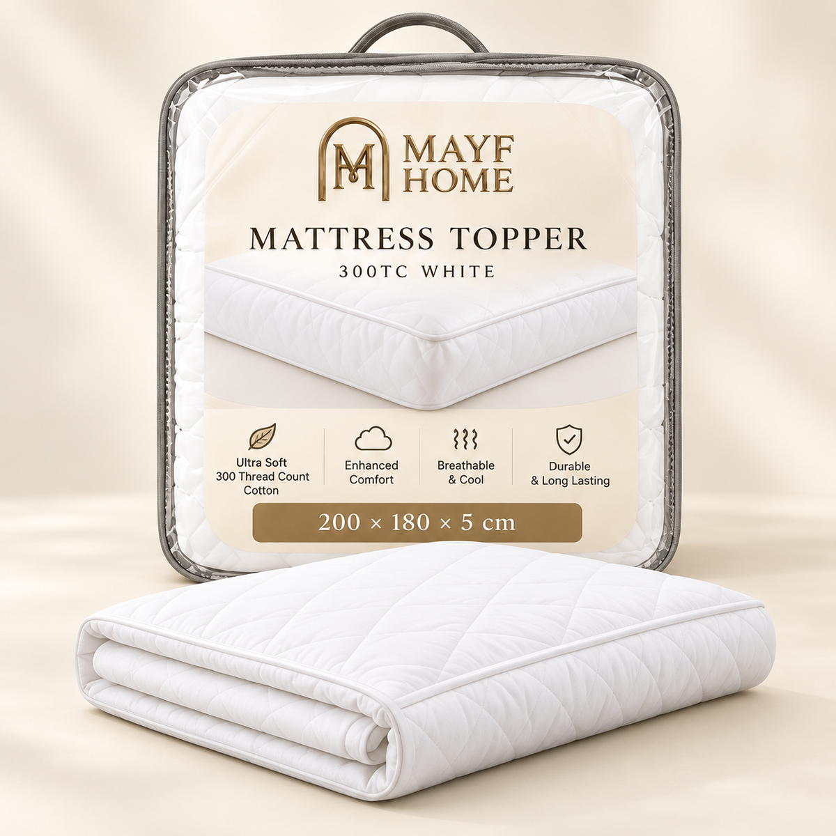 A folded white quilted mattress topper placed in front of its branded retail packaging. The package reads 'MAYF HOME MATTRESS TOPPER 300TC WHITE' and shows a pillow-top view of the product.