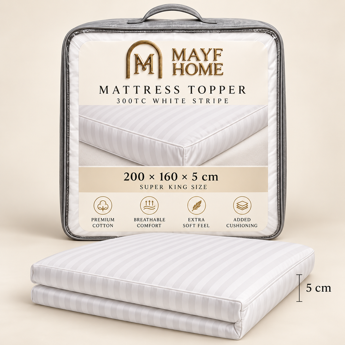 MAYF Home 300TC Mattress Topper – White Stripe
