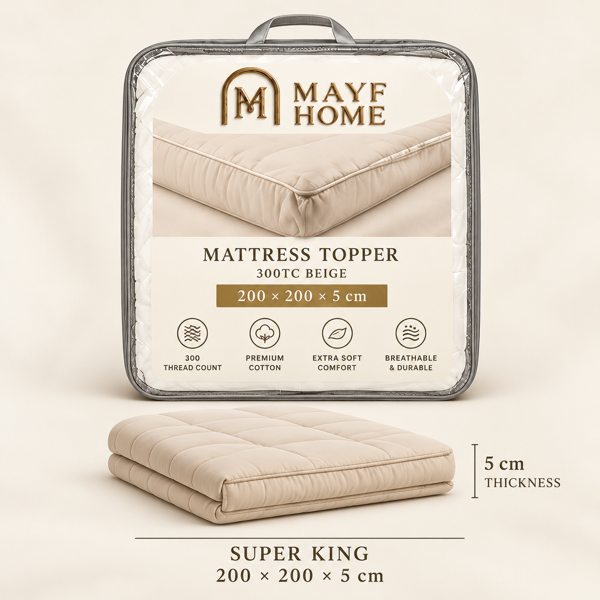 Mayf Home Mattress Topper in beige, shown folded with its clear plastic carrying case and printed packaging. The packaging features the brand name 'MAYF HOME' and product details for a 'MATTRESS TOPPER 300TC BEIGE 200 x 200 x 5 cm'.