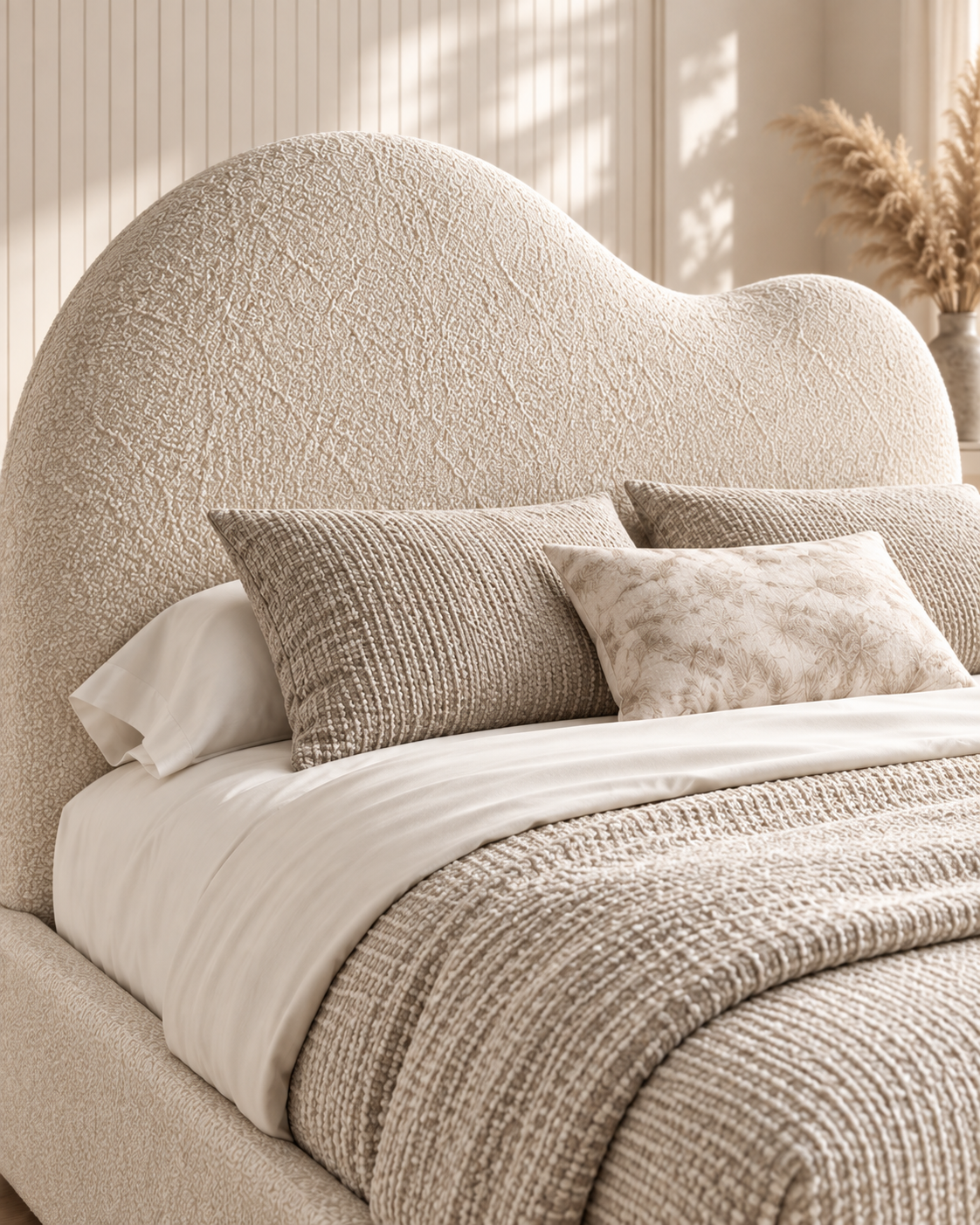 Serena Bouclé Upholstered Bed with Curved Headboard
