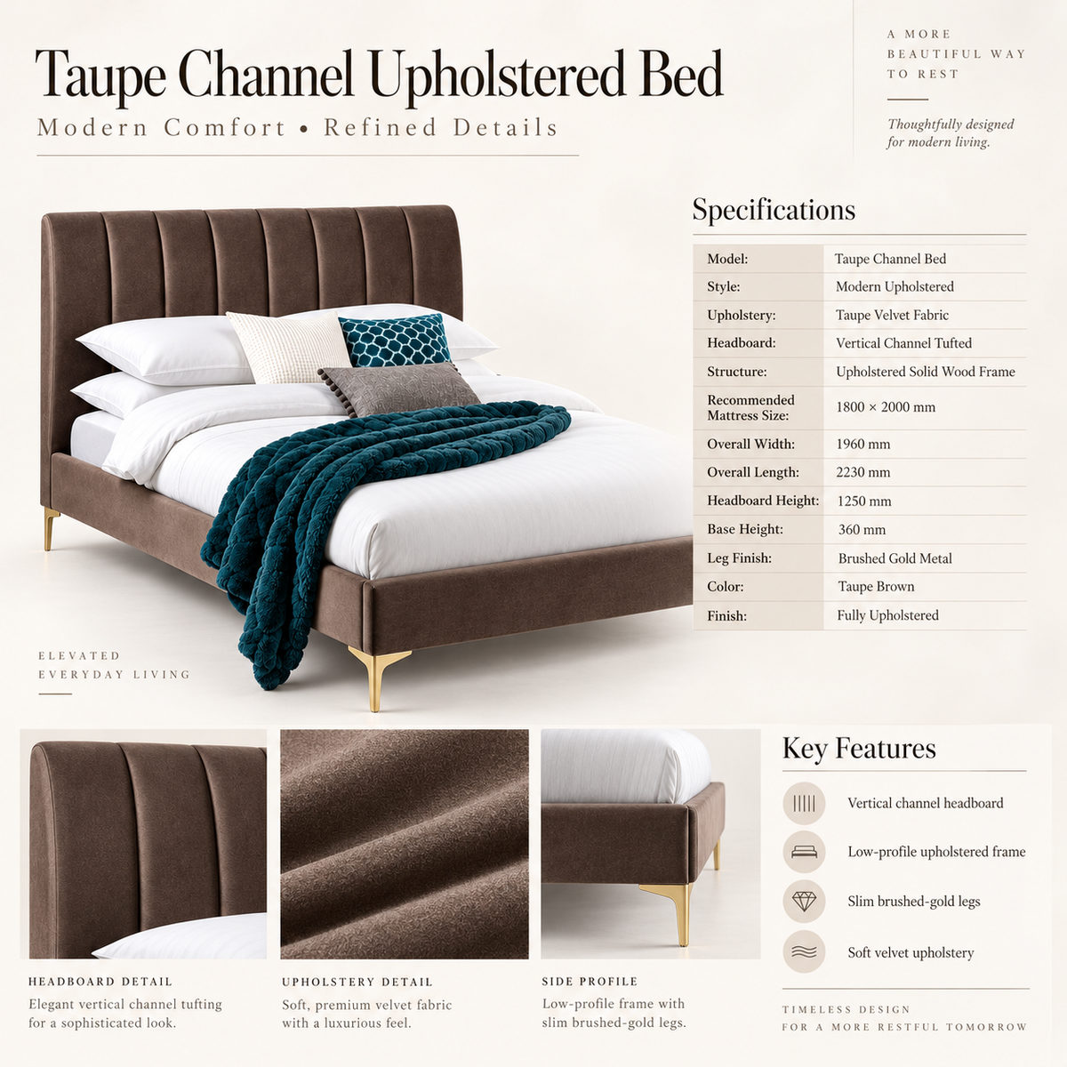 Taupe channel upholstered bed
