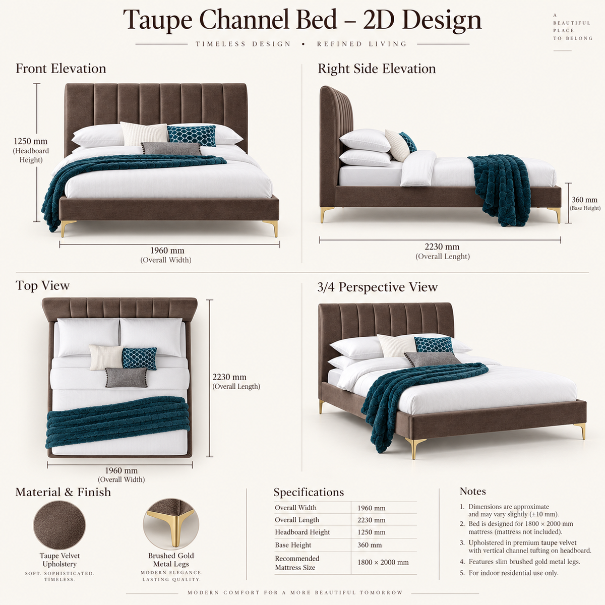 Taupe channel upholstered bed