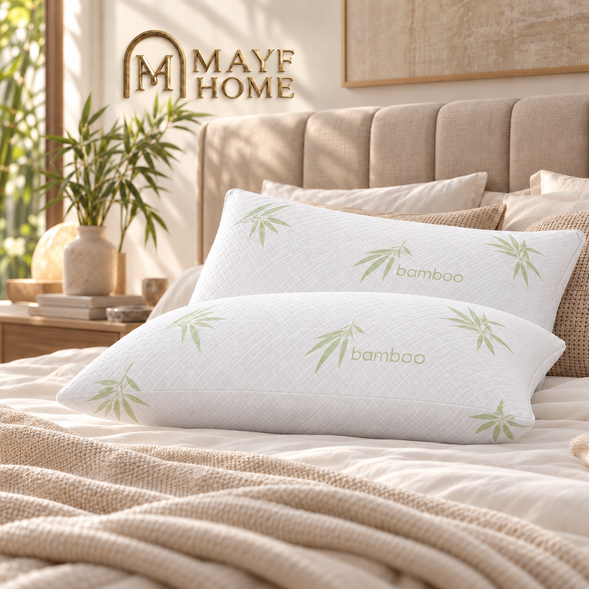 MAYF Home ULTRA BAMBOO Pillow 750g — lifestyle photo on a bed