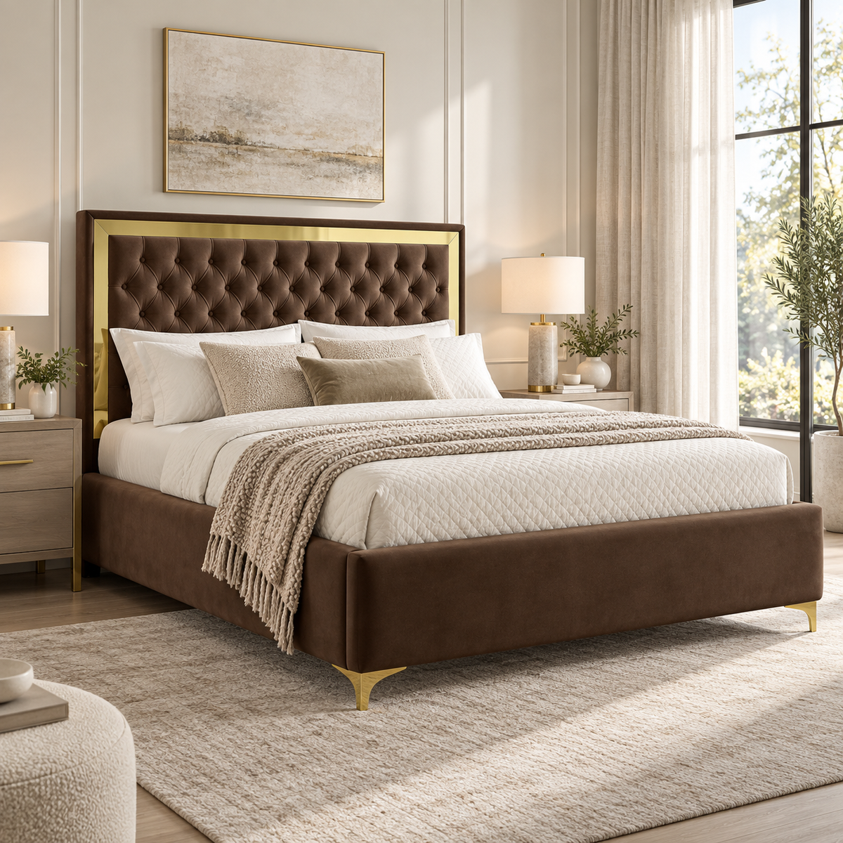 Valor Luxury Velvet Upholstered Bed with Gold Accents
