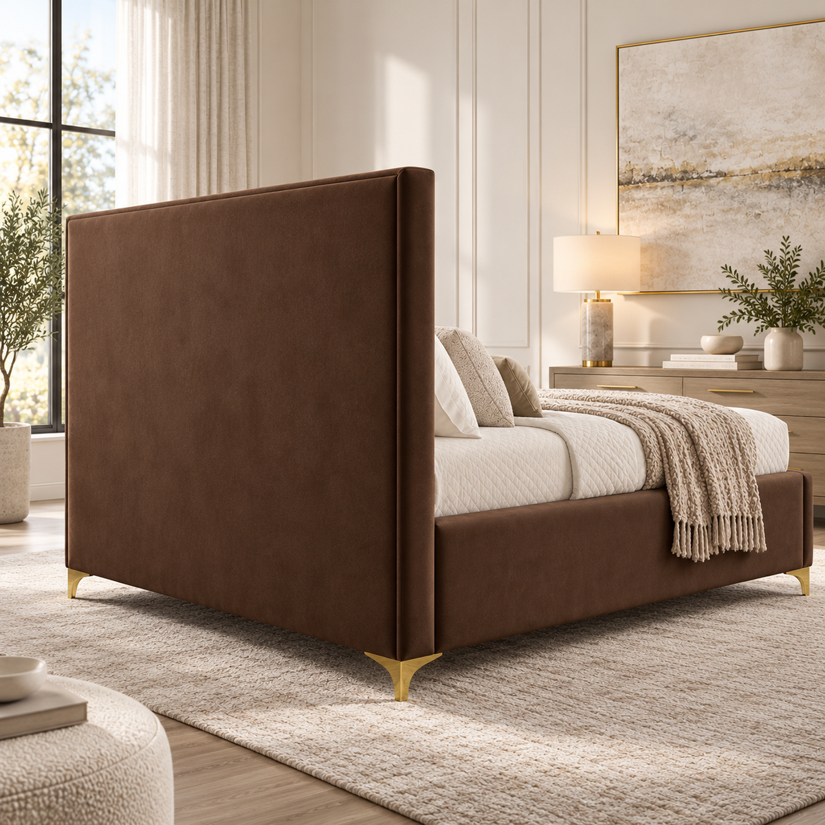 Valor Luxury Velvet Upholstered Bed with Gold Accents