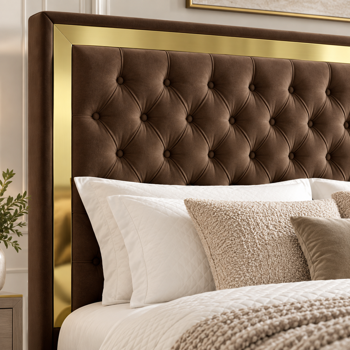 Valor Luxury Velvet Upholstered Bed with Gold Accents