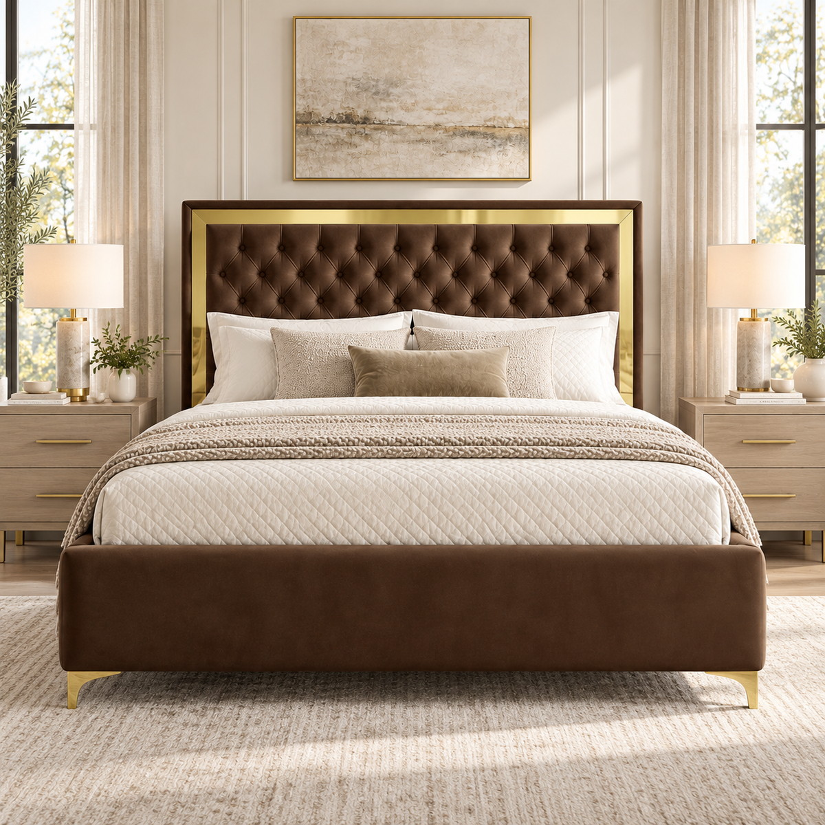 Valor Luxury Velvet Upholstered Bed with Gold Accents