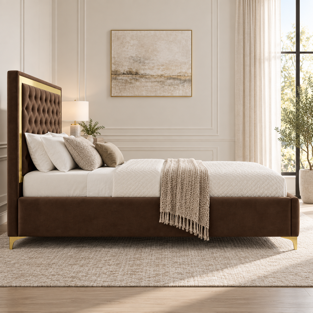 Valor Luxury Velvet Upholstered Bed with Gold Accents