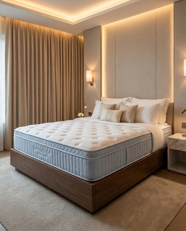 A luxury bed with a white tufted mattress and a dark wood platform frame, styled in a modern, warm-toned bedroom with beige curtains, wall panels, and ambient lighting.