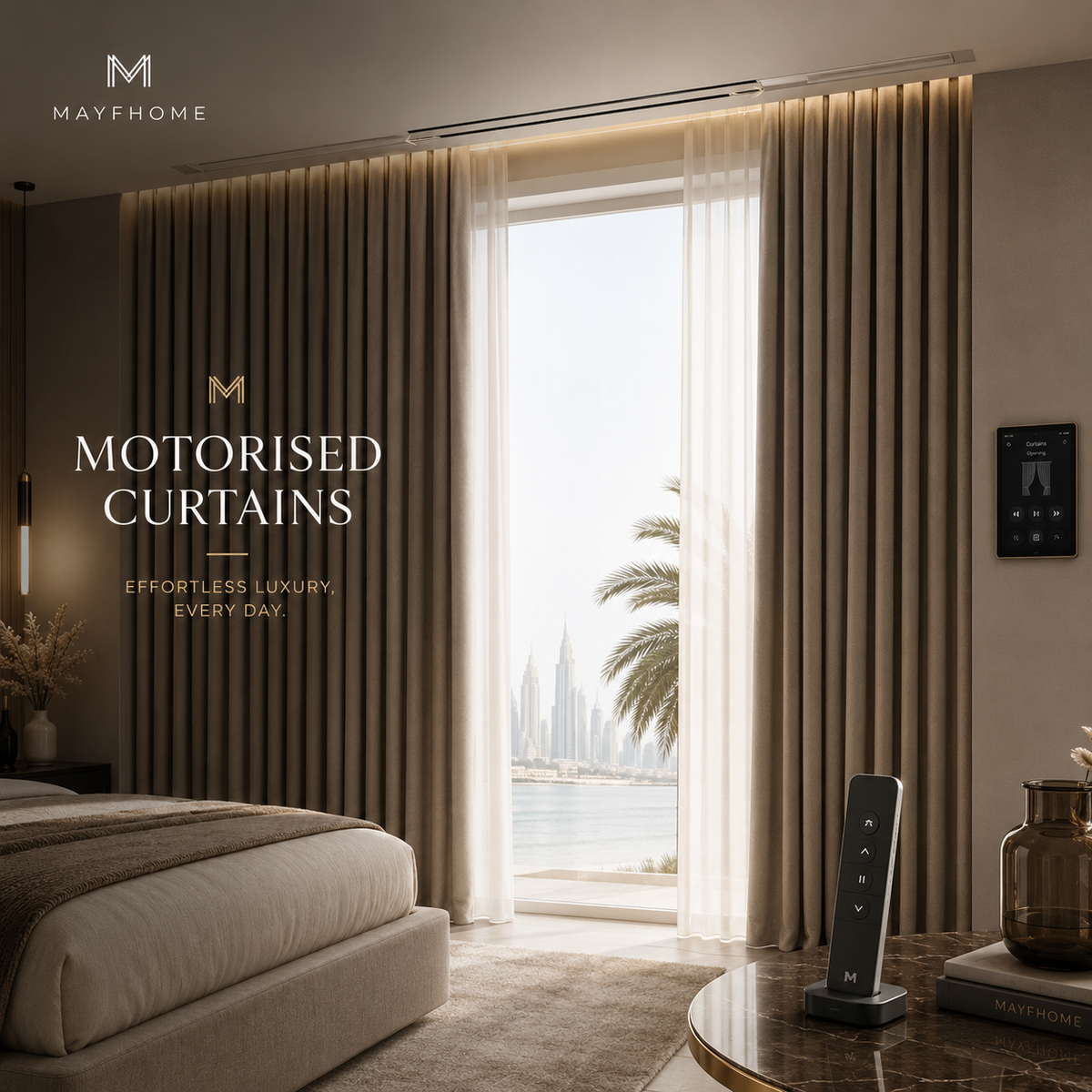 Motorized Curtains by Mayf Home — smart automation styled in a living room